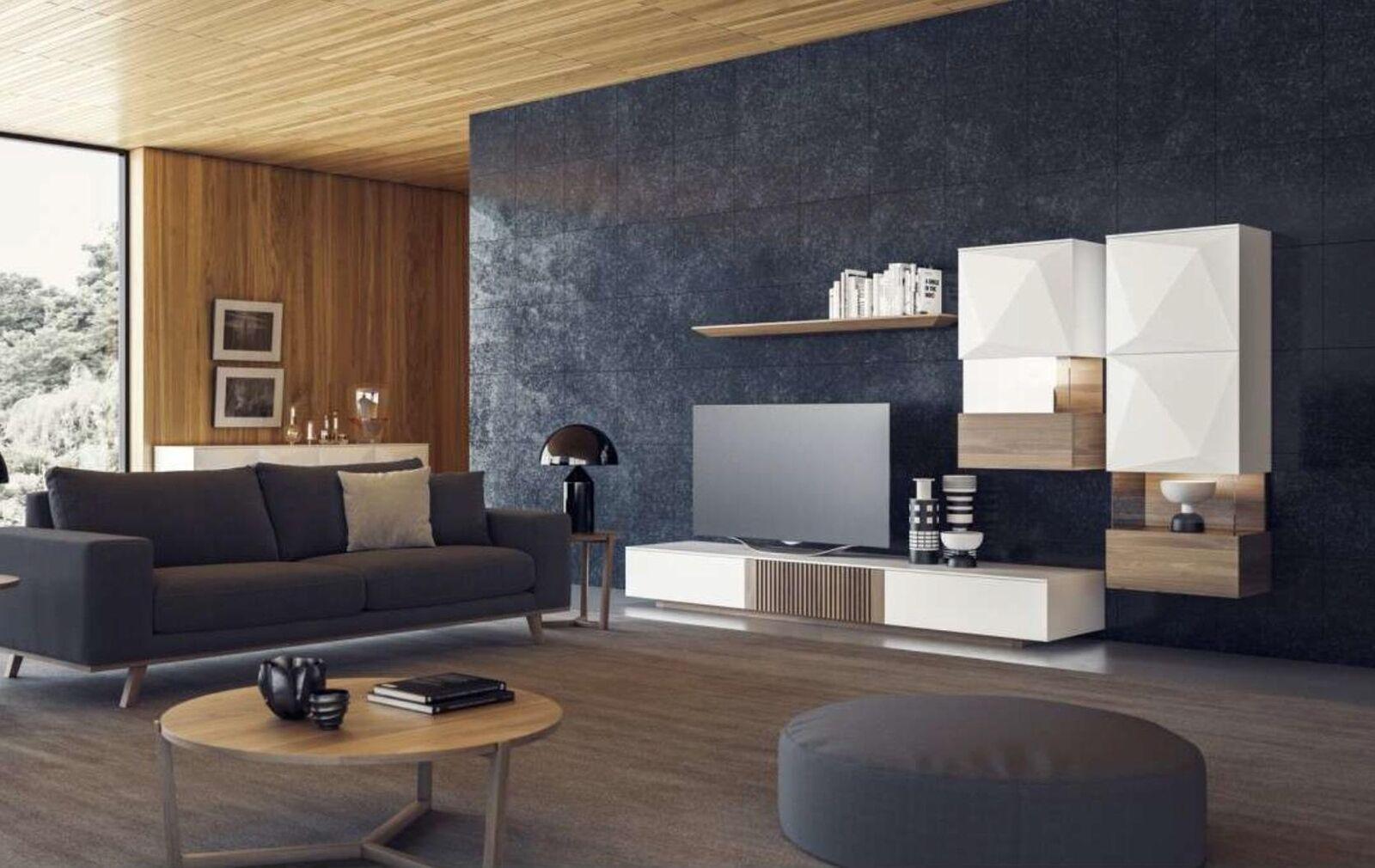 Luxury natural walnut Modern white wall unit TV stand Sideboard Wall shelves