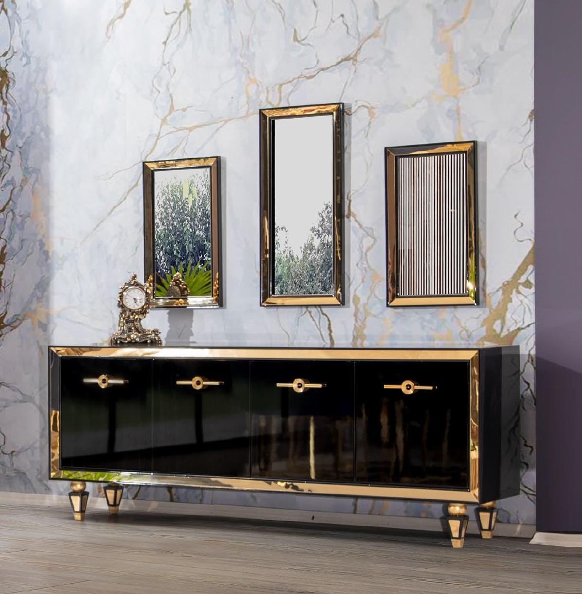 Black Stainless Steel Sideboard with Mirror Chest of Drawers Wood Cabinet New Set