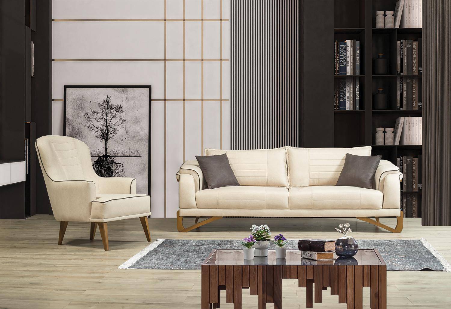 Sofa Set Beige with Wooden Frame 3+1 Seater Couches Sets Furniture