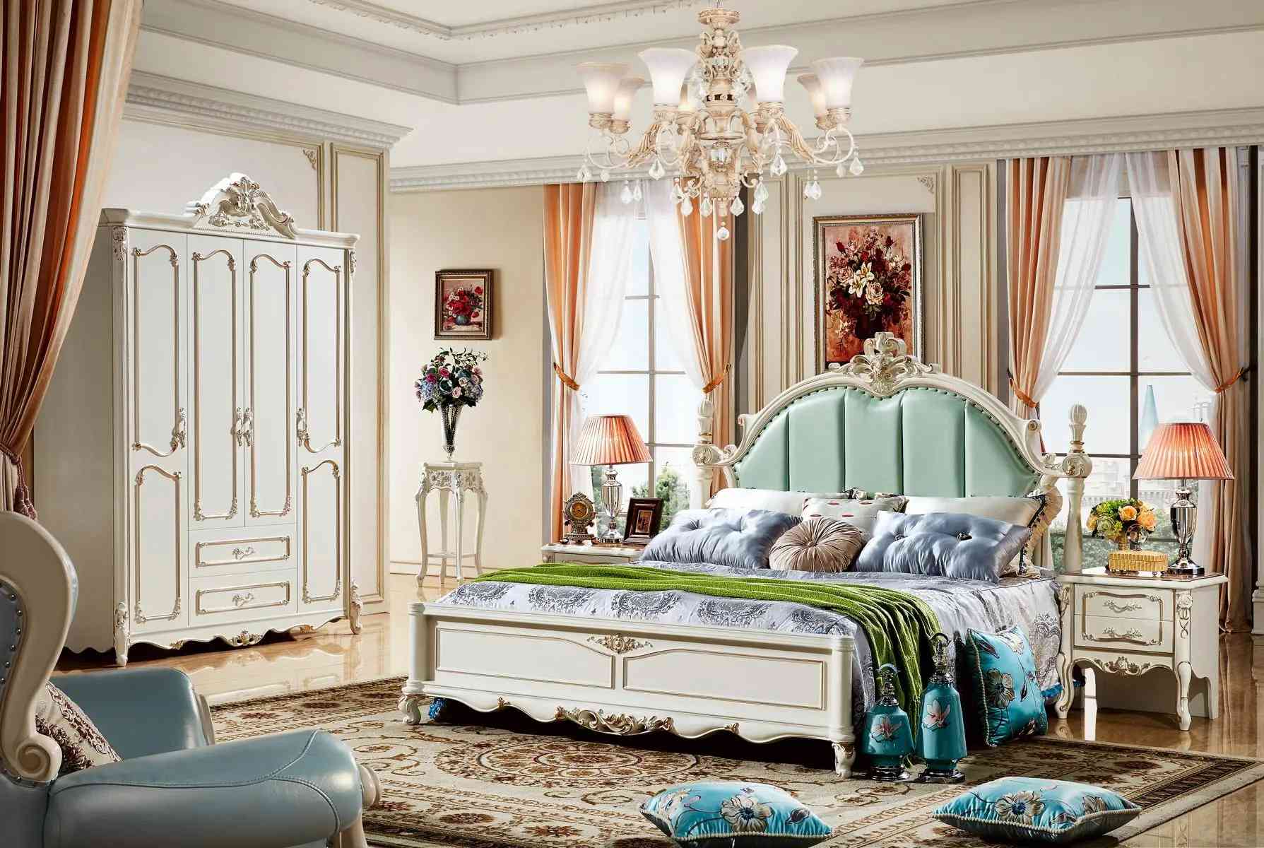 Bed Blue Beautiful Elegant Design Bedroom Upholstery Leather Beds