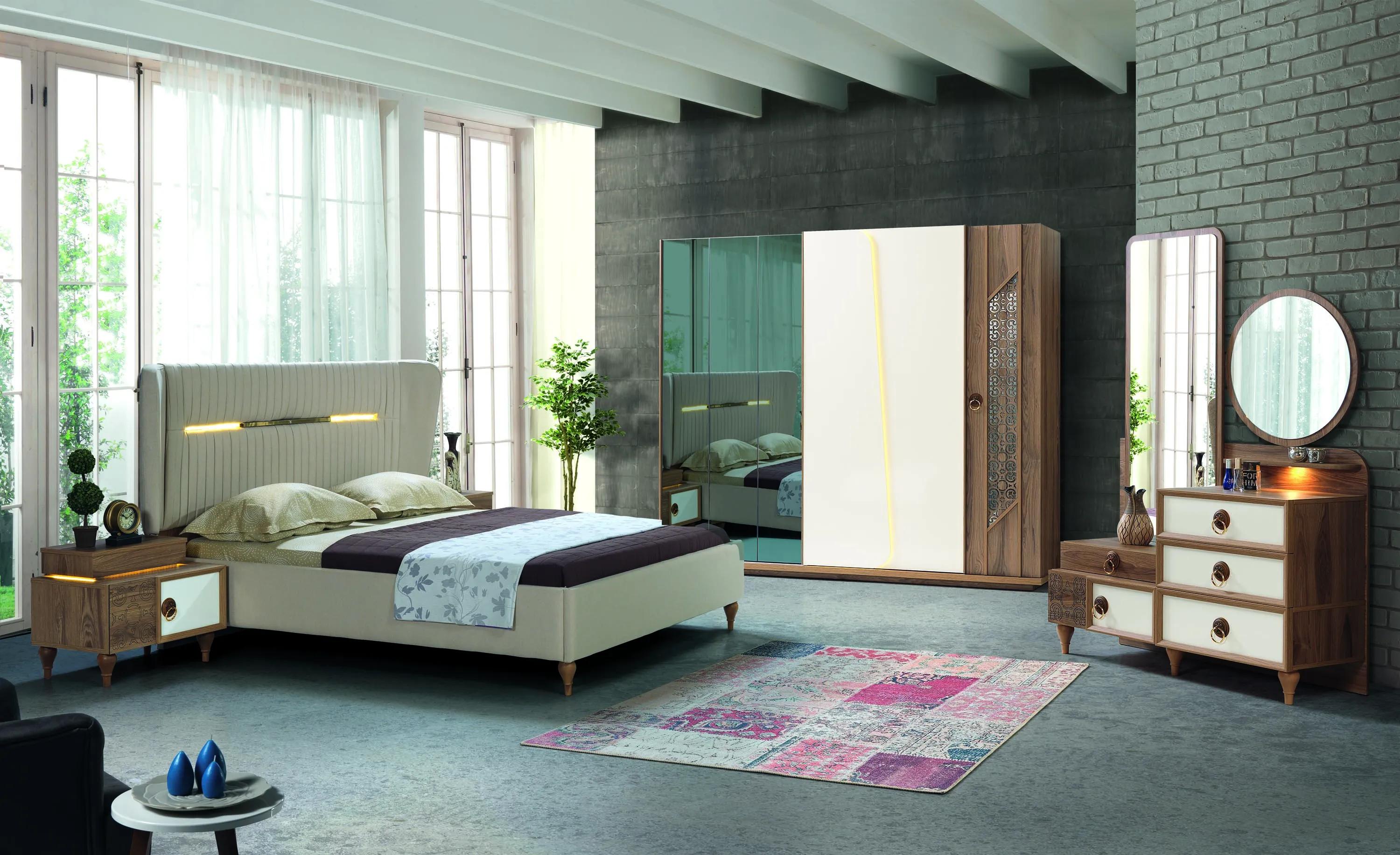 Bedroom set bed 2х bedside tables 5pcs textile wood closet
