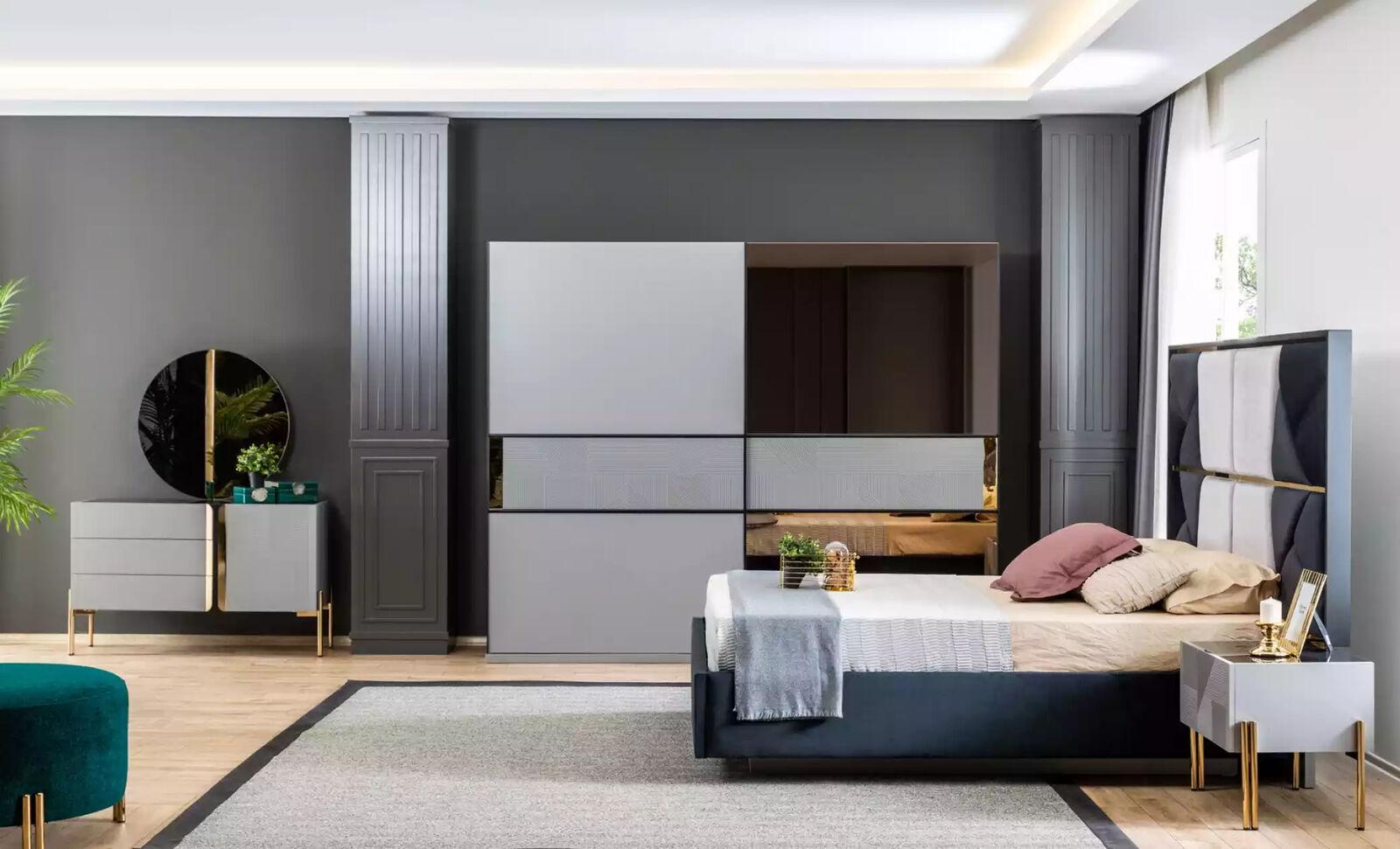 Blue Grey Bedroom Set Bed Chest of drawers Mirror Wardrobe Luxury 6 pcs.