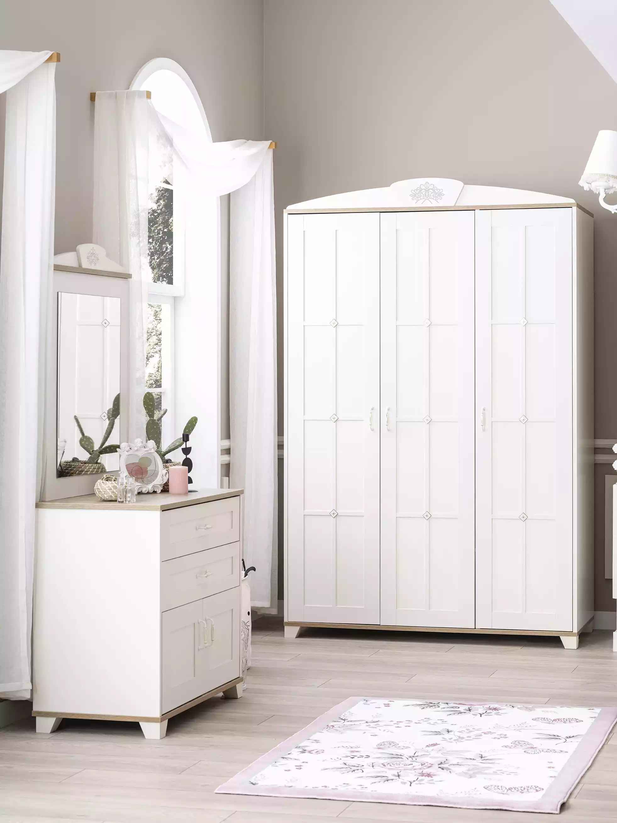 Bedroom wardrobe set 3-piece chest of drawers wood white