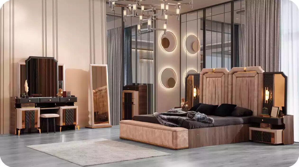 Luxury double bed set 6pcs Beige fabric bed with bed base Bedroom
