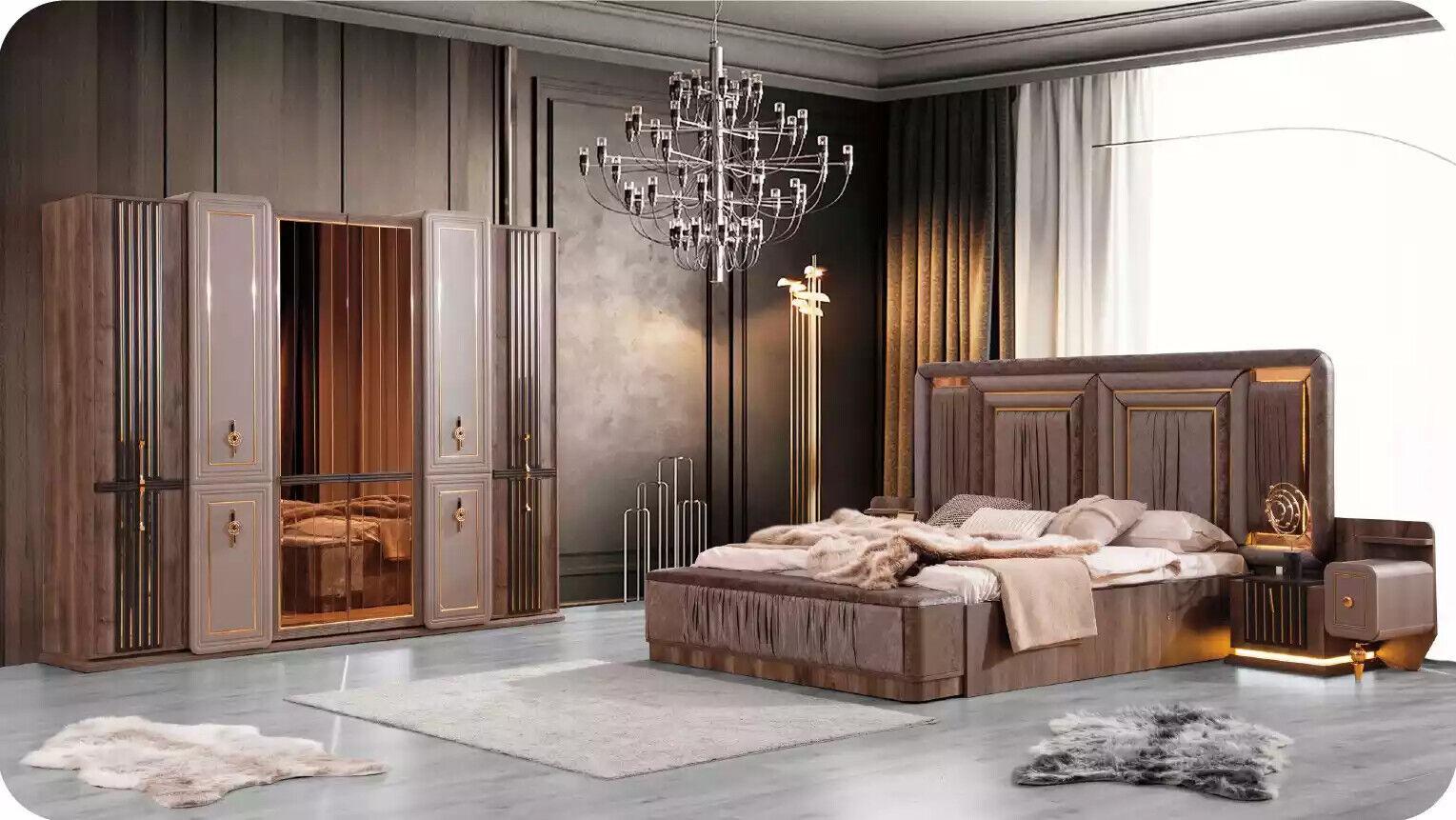 Complete bedroom furniture luxury bed set 4pc double bed beige fabric