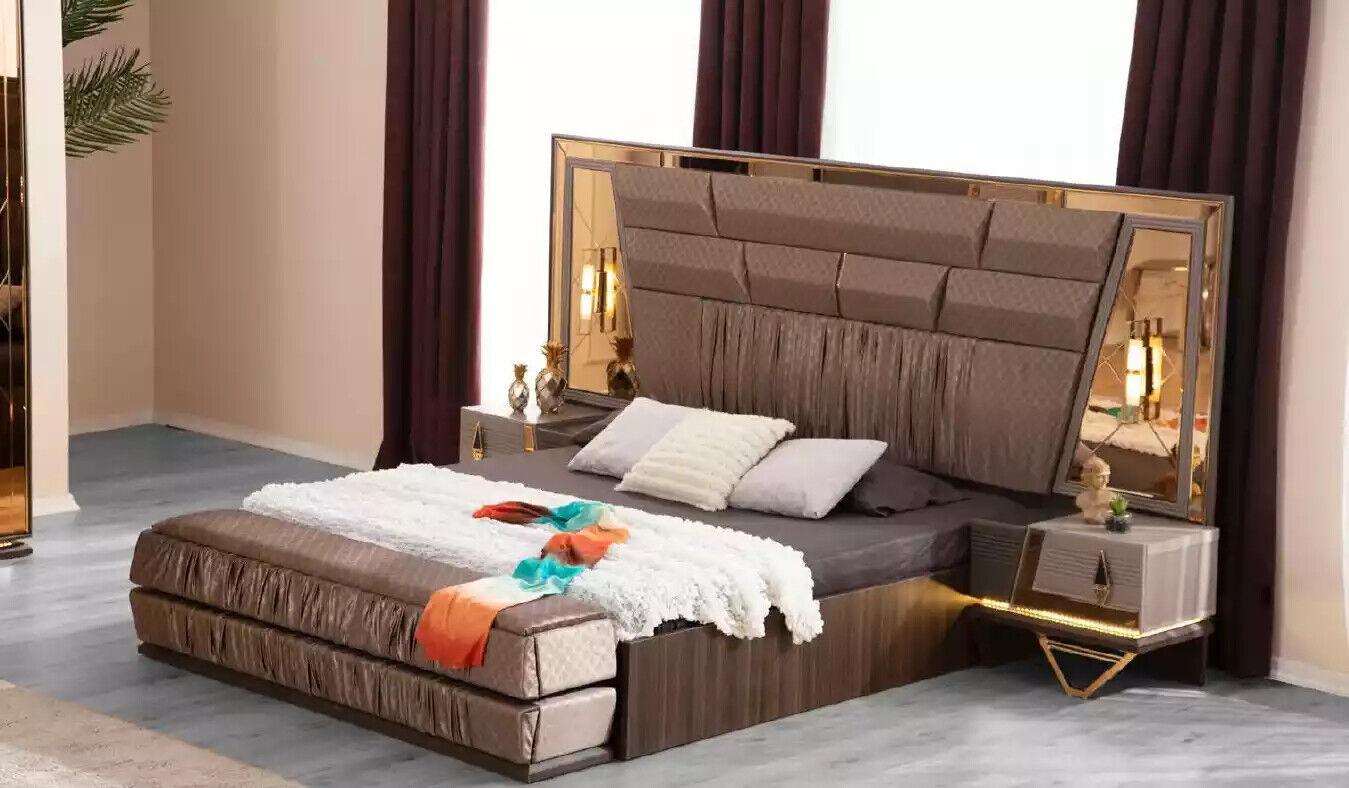 Bedroom group bed set 3pcs double bed beige fabric bedside tables