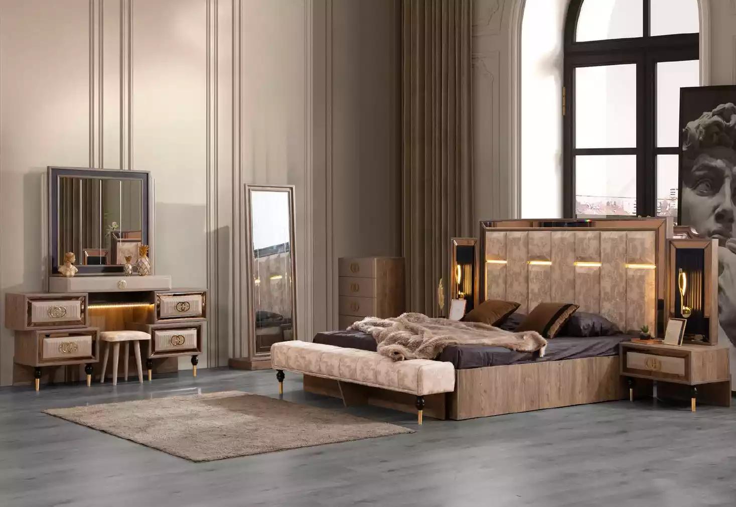 Complete bedroom furniture luxury bed set 6pc double bed beige fabric
