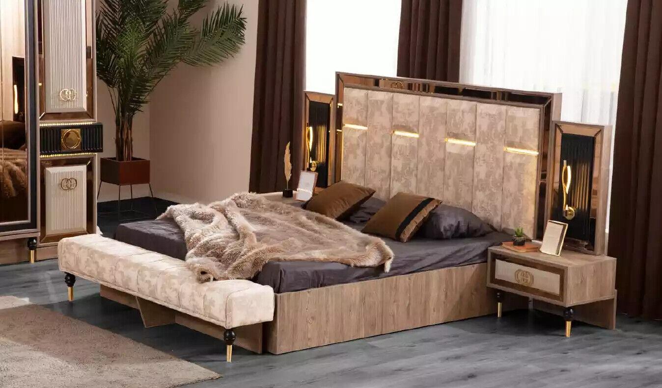 Bedroom bed Double bed Beige fabric Bedside tables set 3pcs Bed New