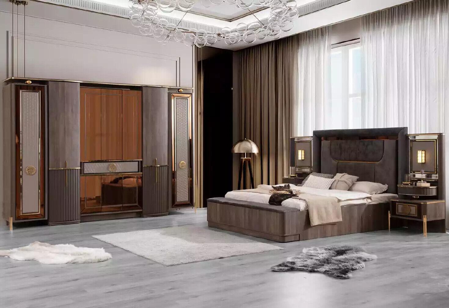 Complete double bed Bedroom Wardrobe Bed Set 5pcs Grey fabric