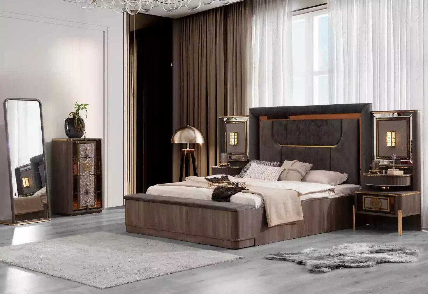 Grey set double bed set 6pcs bed bedroom fabric chest of drawers new