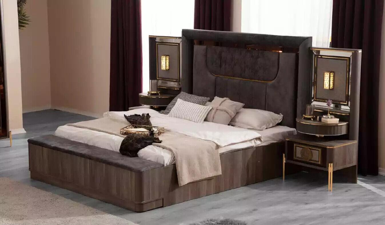Bedroom Beds Double Bed Grey Fabric Set 4pc Bed Luxury