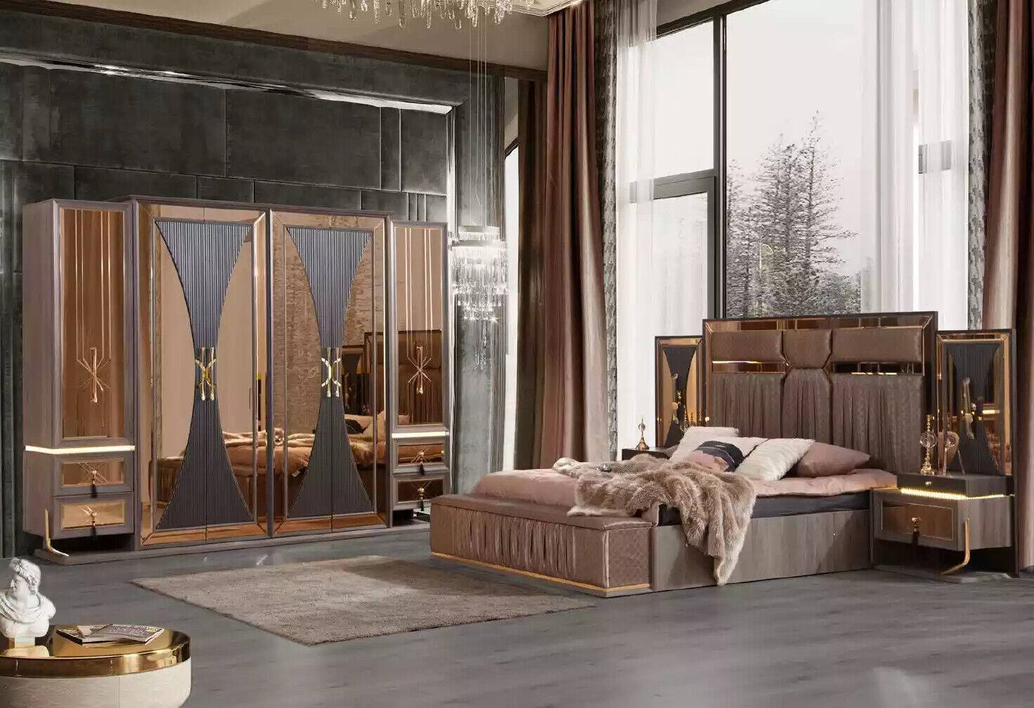 Luxury Sofa Beige Set Bedroom Double Bed Beige Set 5pcs Bed