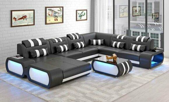 Modern XXL Sofa U Shape Large Corner Sofa Leather Sofa Black Faux Leather
