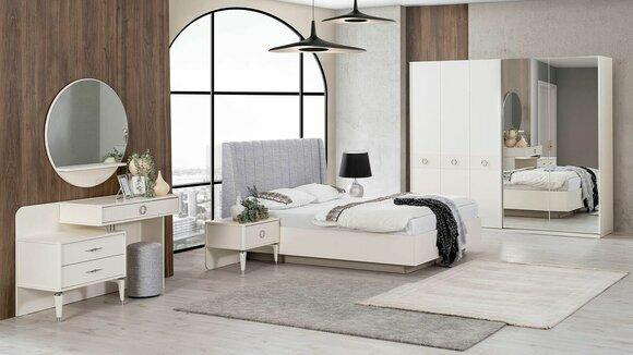 Set double bed bed frame fabric bedroom white wood set 7 pcs