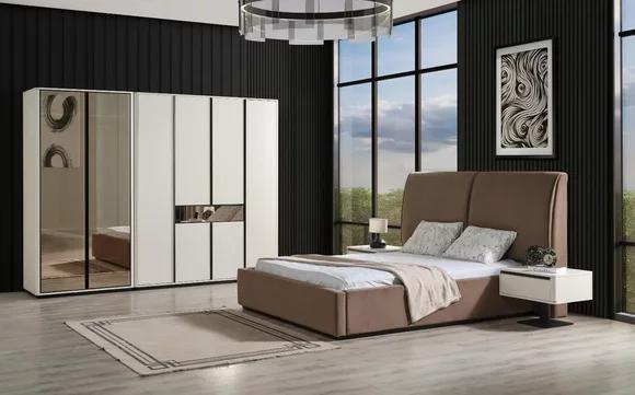 Bedroom set double bed bed bedside tables 4 pieces beige wardrobe