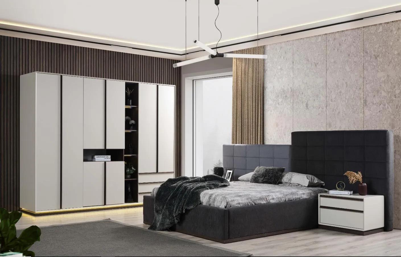 Set double bed bedroom bed bedside tables 4 pcs gray wardrobe
