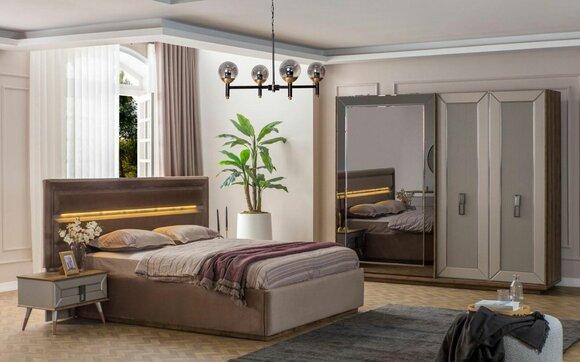 Beige bedroom set modern double bed glass wardrobe 4 pcs