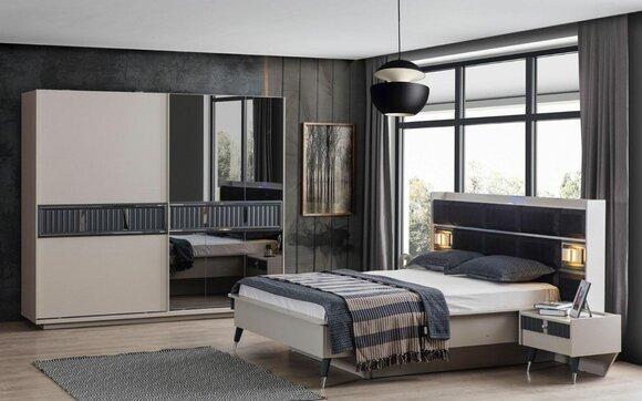 Grey bedroom furniture designer bed 2x bedside tables wood wardrobe 4pcs