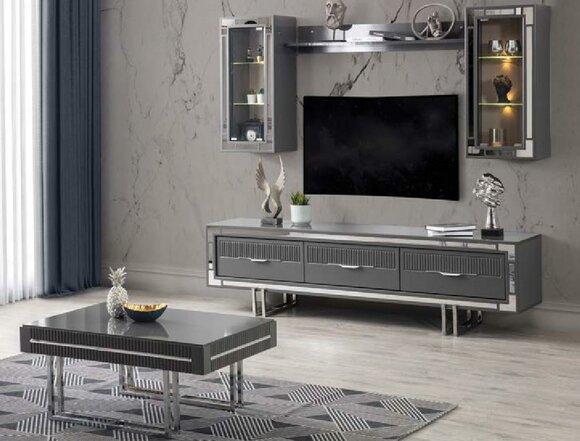 Wall Unit TV Stand Cabinet Coffee Table RTV Lowboard Grey Set 3pcs