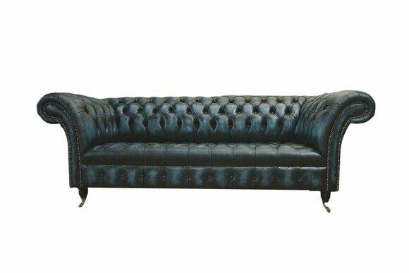 Classic 3 Seat Couch Upholstery Seat Chesterfield Textile Leather Blue