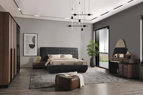 Bedroom bed 2x bedside table design complete set beds brown 5pcs