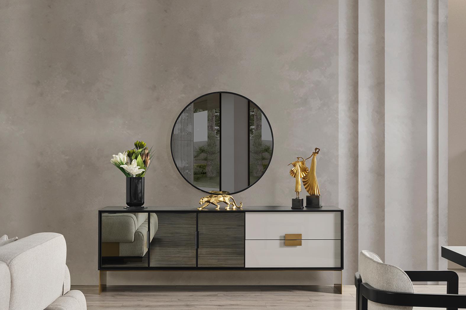 Black living room set designer sideboard luxury mirror 2pc set new