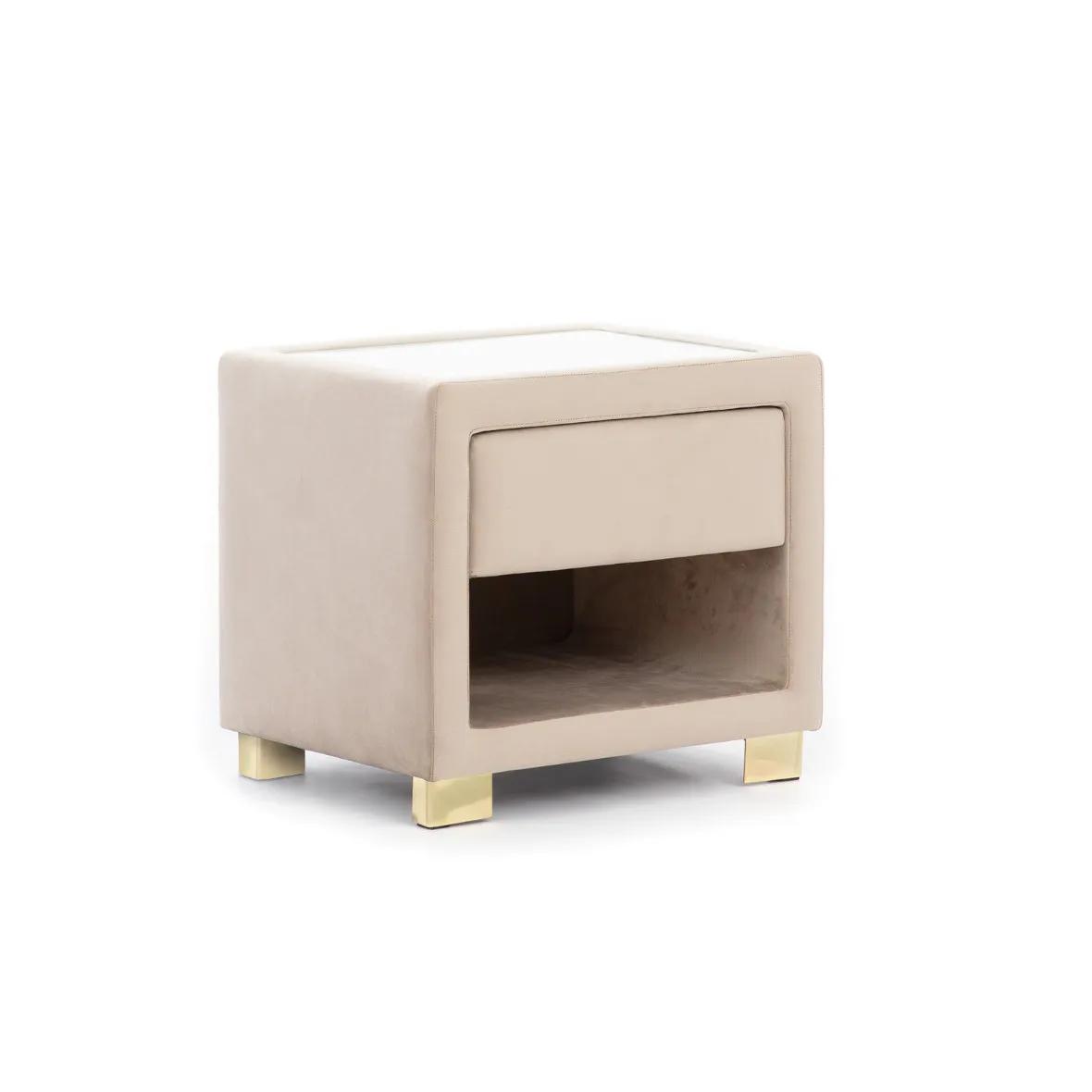 Beige square bedside table Designer wooden frame Modern furniture