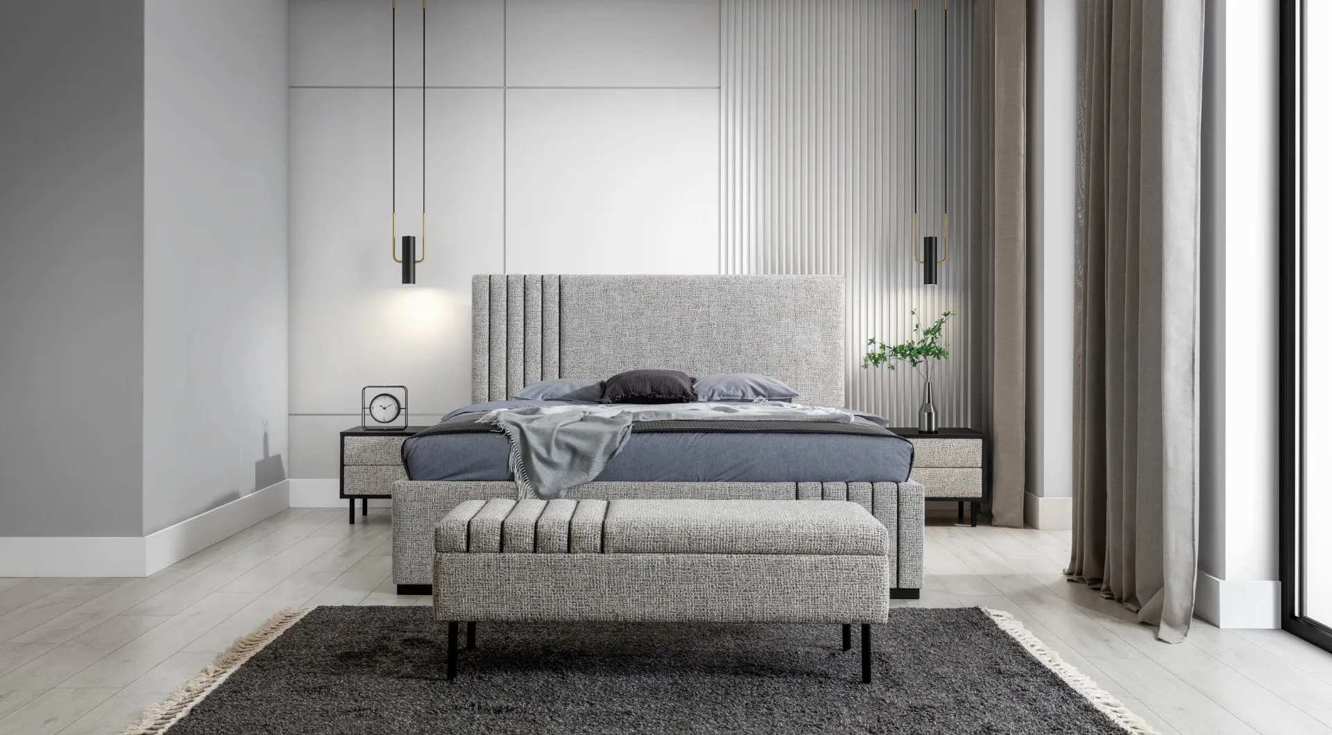 Light gray bedroom furniture designer bed 2x bedside tables bench