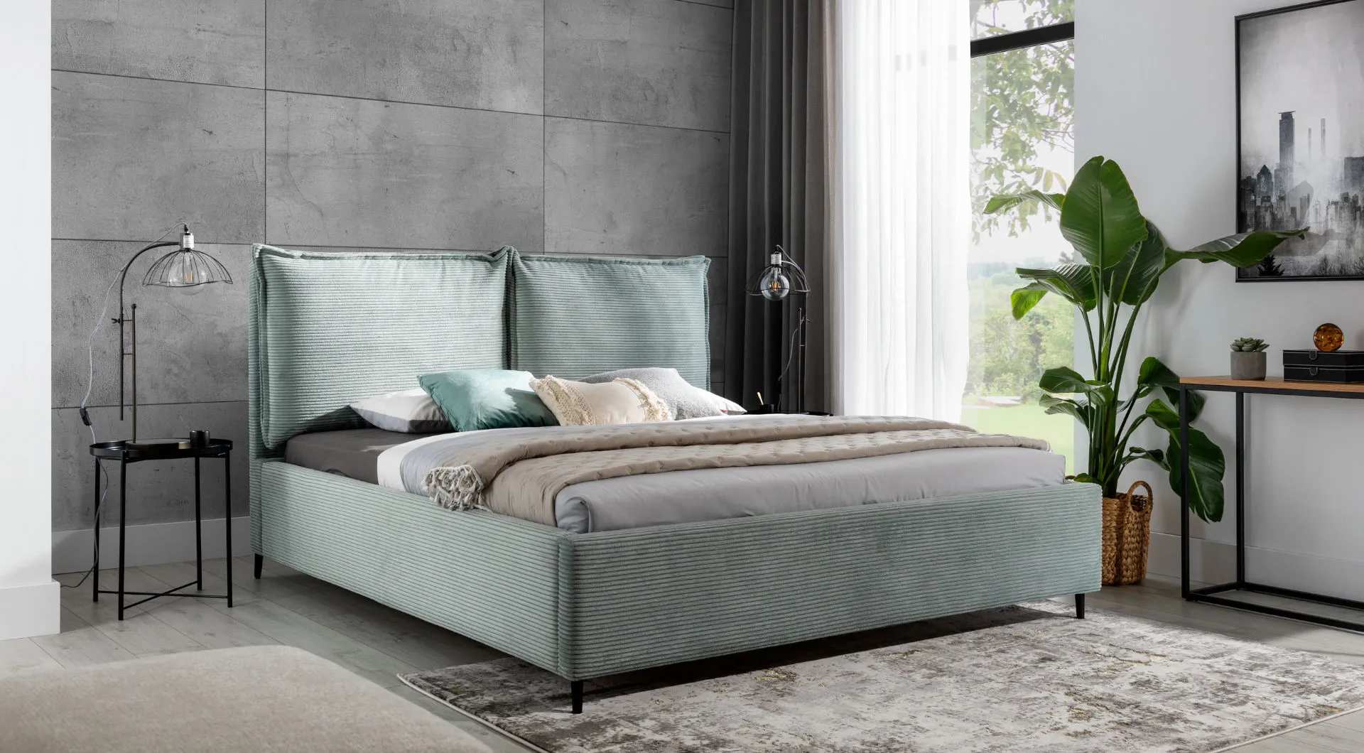 Luxurious green upholstered bed High headboard Bedroom furnishings