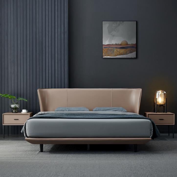 Beige faux leather bedroom double bed designer wooden frame beds