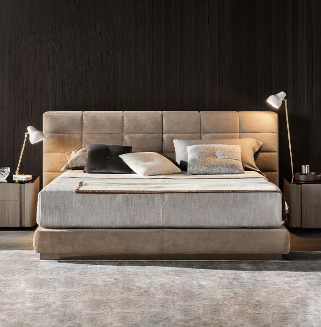 Beige double bed Bedroom furniture Modern beds Luxury wooden frame