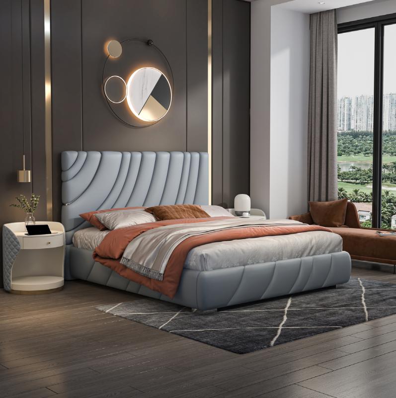 Grey imitation leather double bed Modern stainless steel bed Luxury wooden frame
