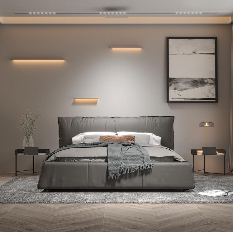 Grey bedroom bed Designer double bed Wooden frame New leather bed