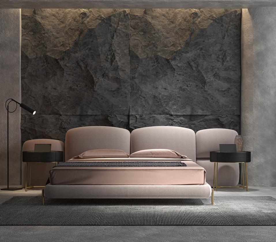 Large beige bedroom double bed Designer wide textile headboard