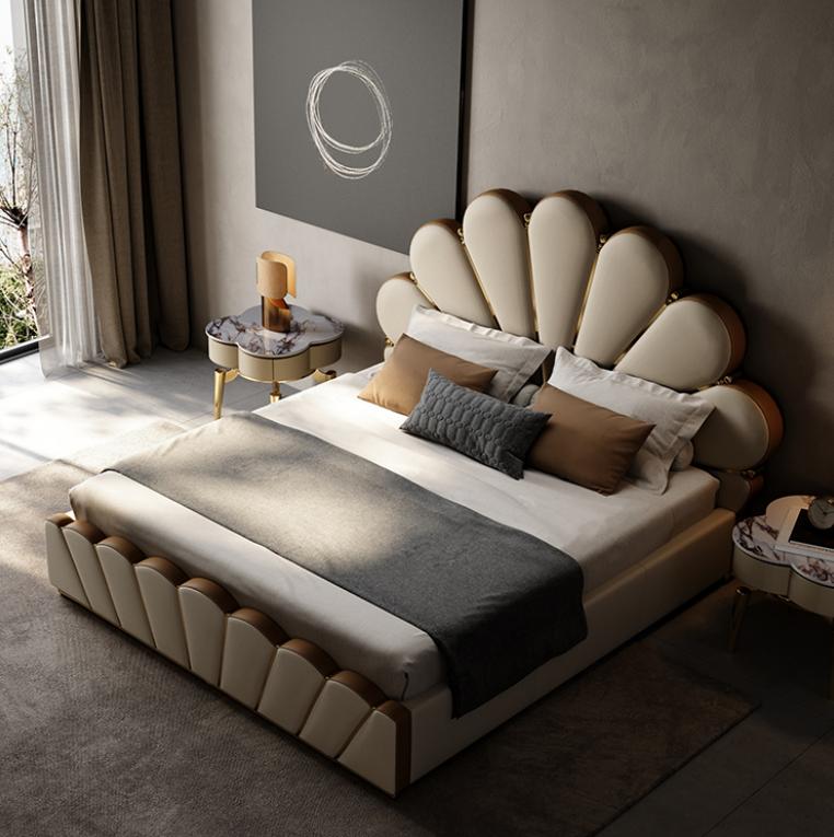Modern beige bedroom bed faux leather double bed designer beds
