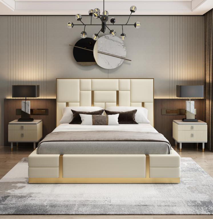 White double bed Bedroom Luxury wooden frame Designer stainless steel bed
