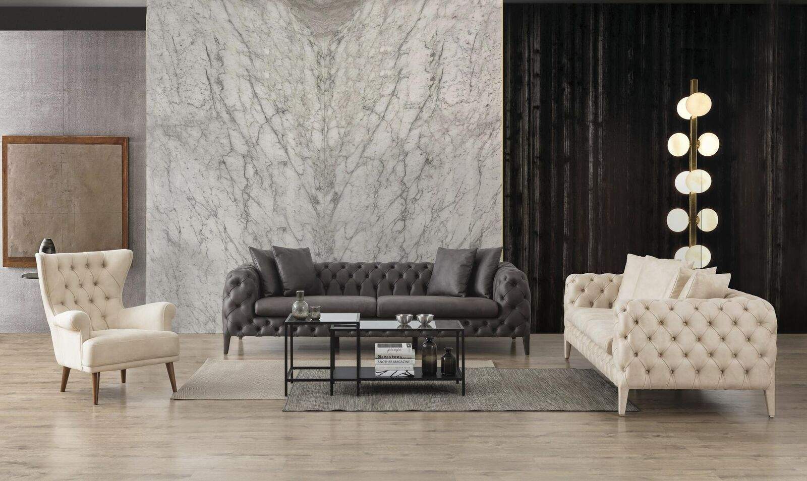 White-grey living room Chesterfield sofa set 4+3 seater luxury armchair