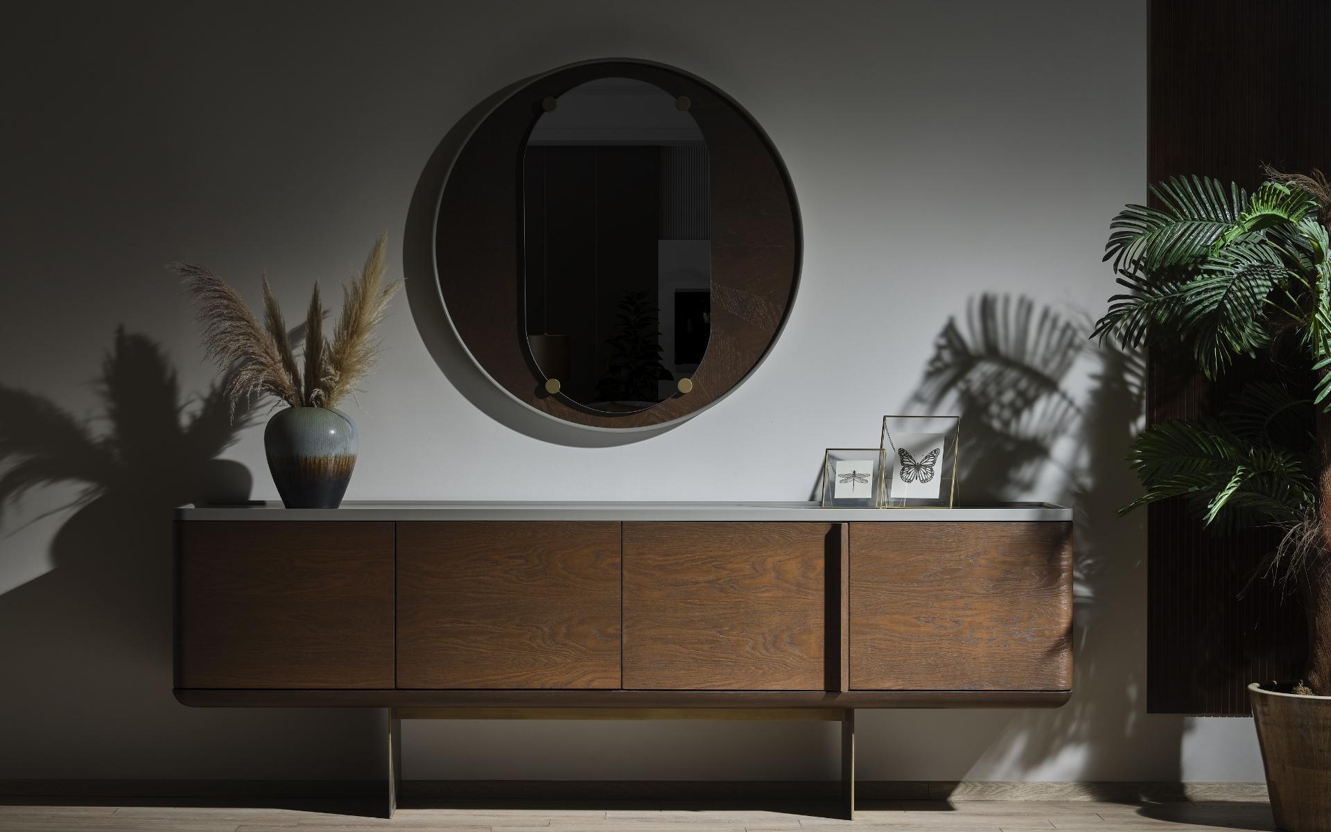 Brown Sideboard Modern Wooden Furniture Luxury Round Mirror Living Room 2pcs