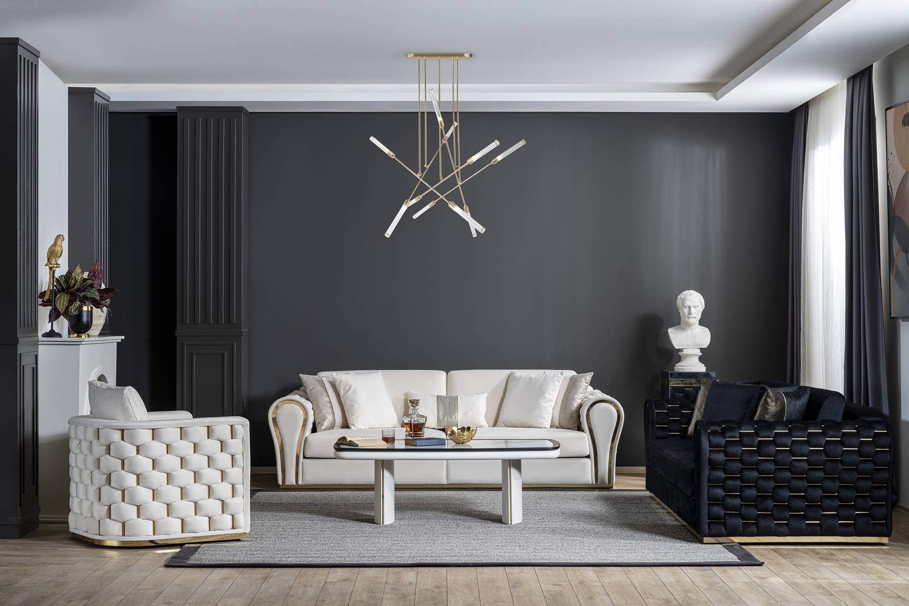 Living Room Seating Set Luxury Three Seater Armchair Designer White Set 3pcs