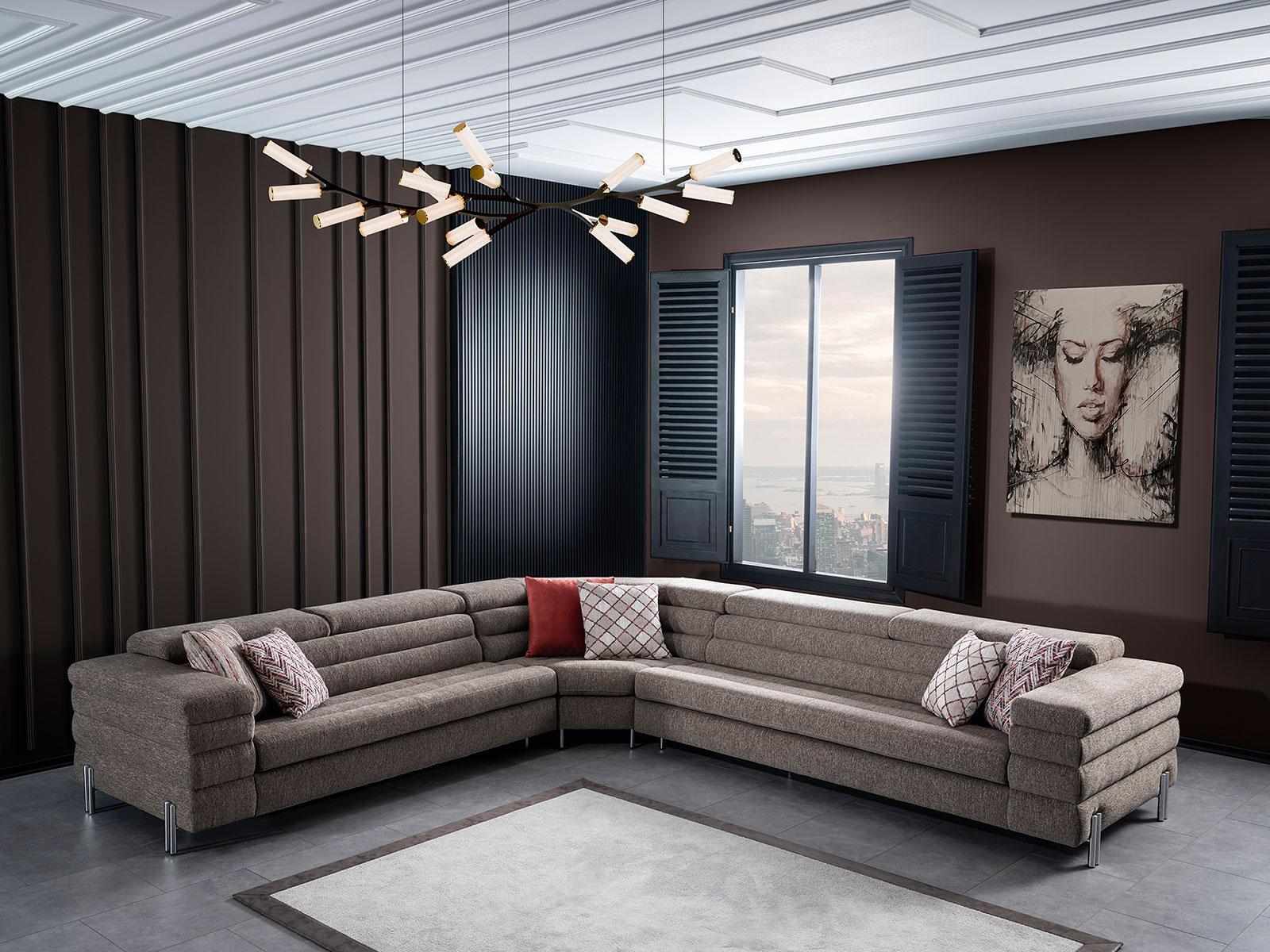Modern L-shaped beige corner sofa living room upholstered couch wooden frame