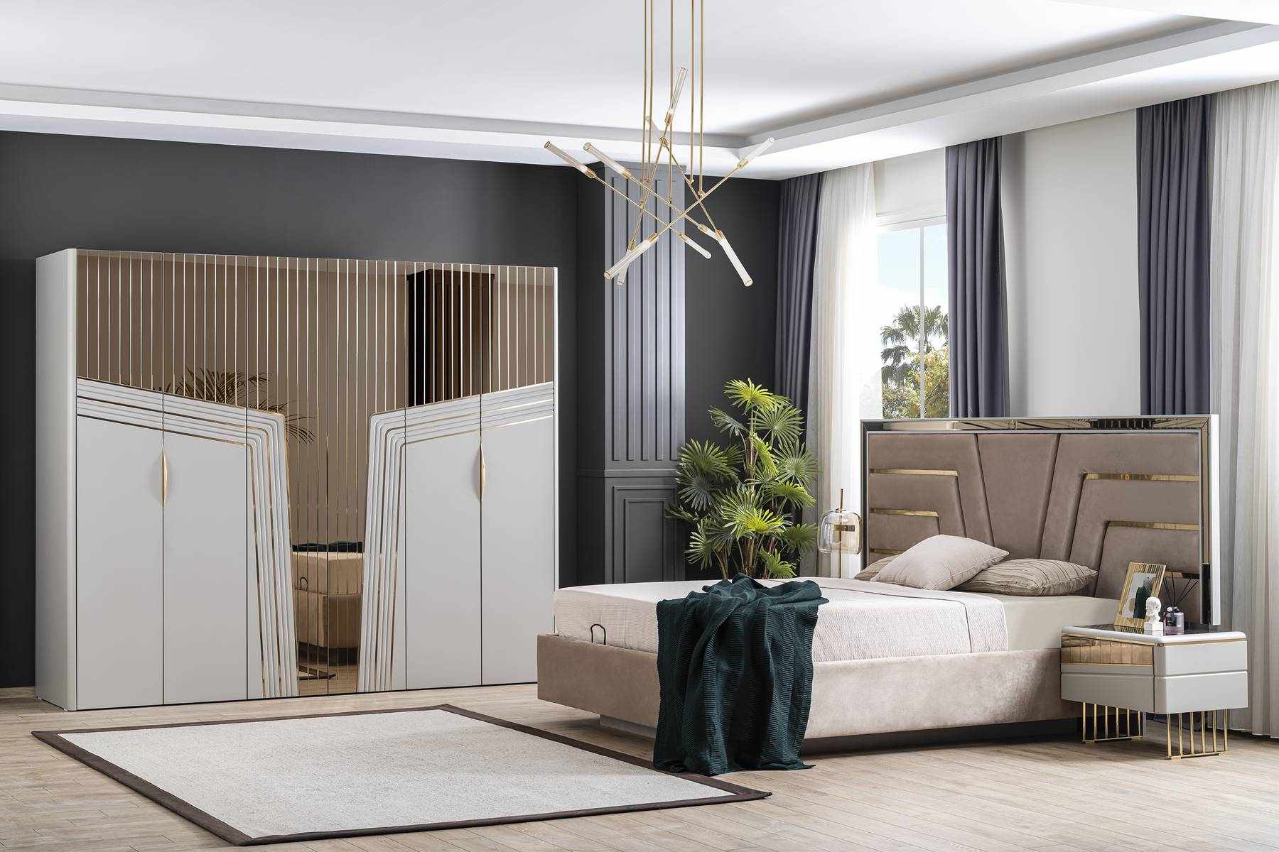 Modern Bedroom Set Designer Bed 2x Bedside Tables Wardrobe