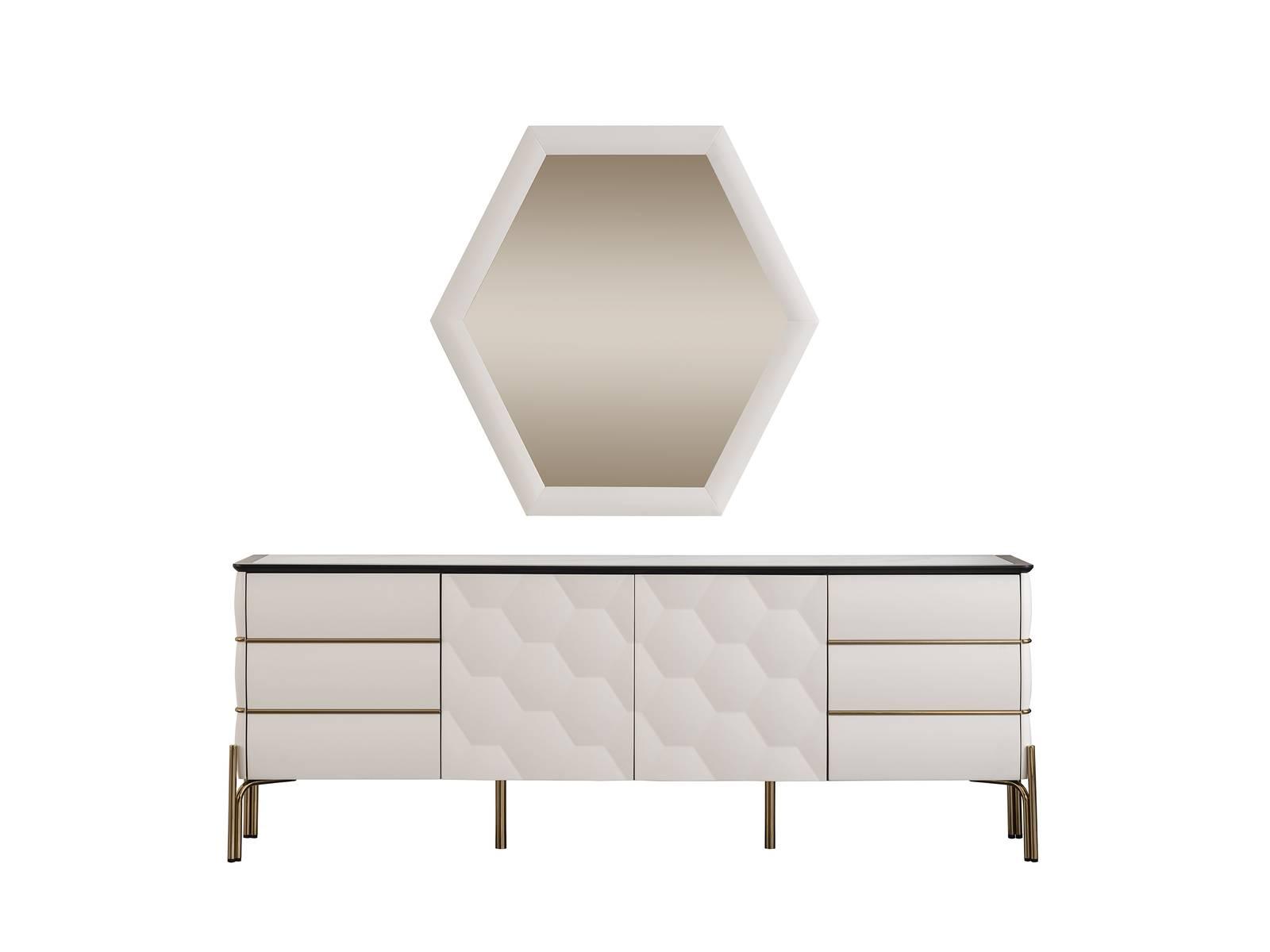 Modern Dining Room Set Designer White Sideboard Large Mirror 2pcs