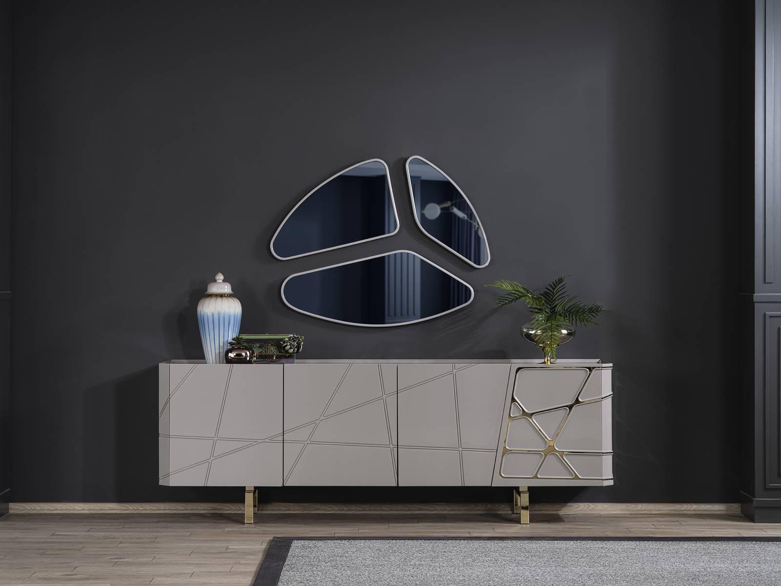 Grey dining room chest of drawers Luxury sideboard 3x glass mirror Modern furniture