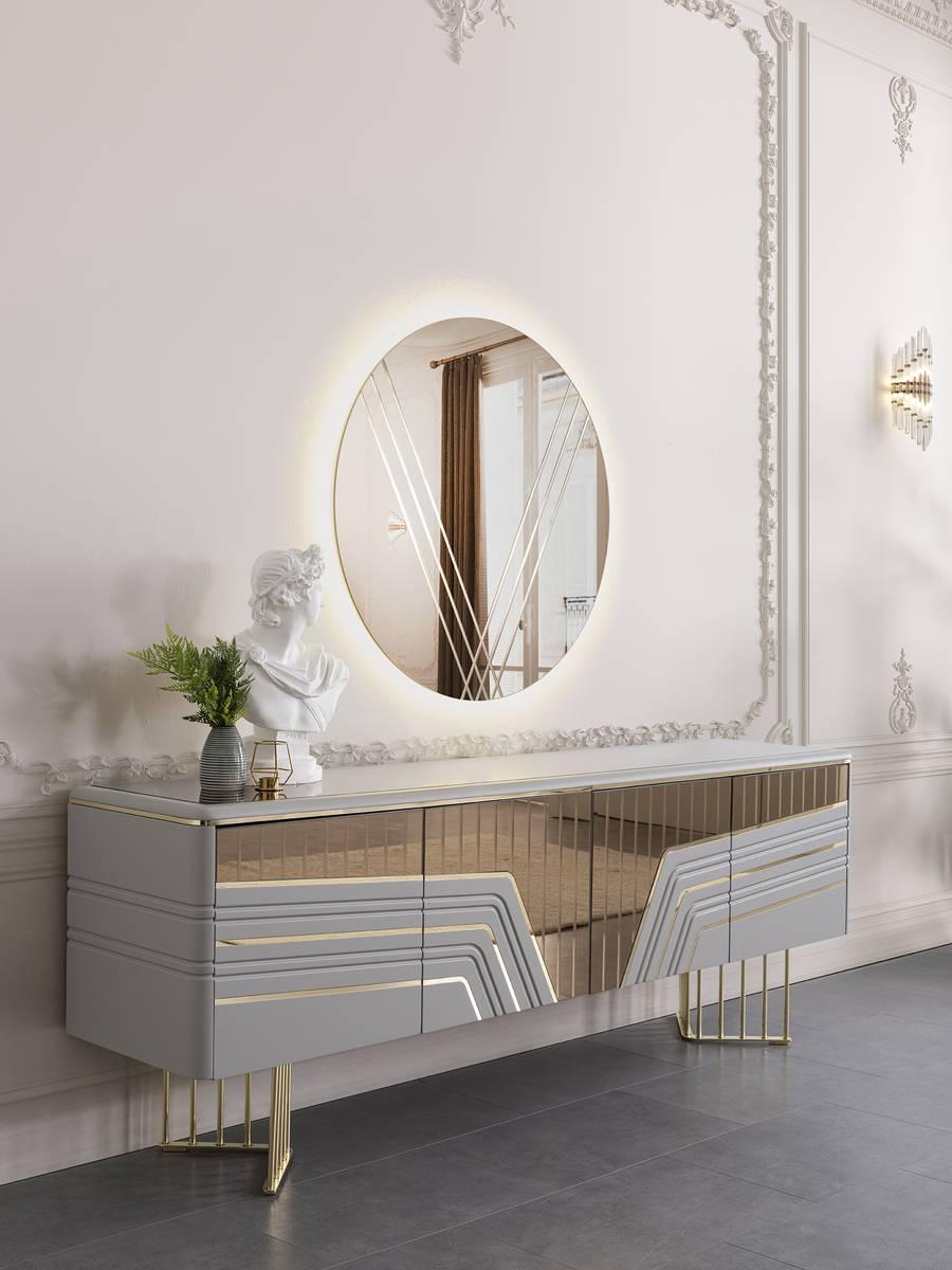 Modern Silver Sideboard Round Mirror LED Lighting Designer 2pc Set