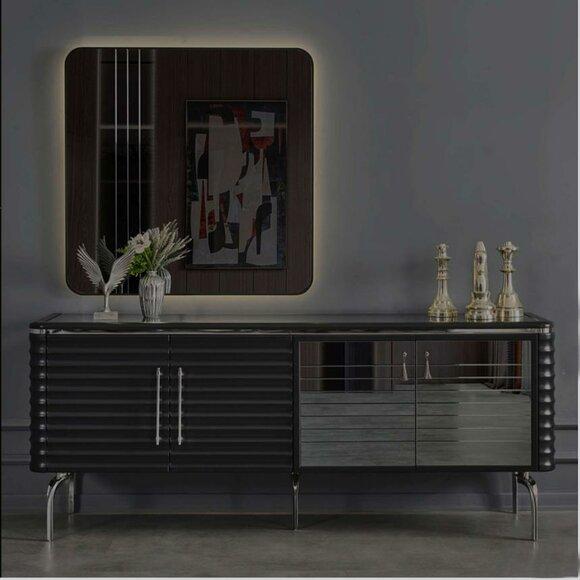 Stylish dining room set luxury black sideboard mirror wooden furniture