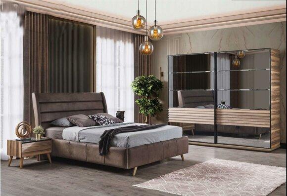 Modern bedroom furniture Upholstered double bed Wood bedside tables Wardrobe