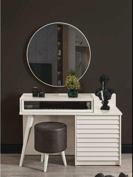 White dressing table with drawers Round armchair Console Luxury upholstered stool 3 pcs