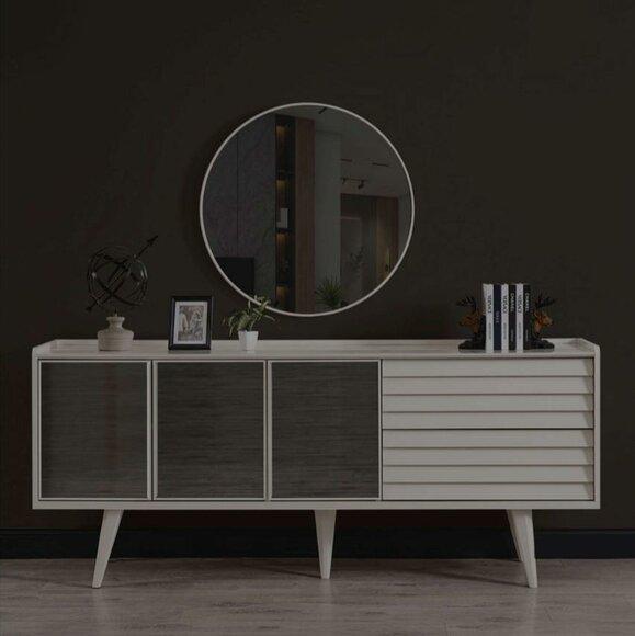 White sideboard Luxurious round mirror Designer wooden furniture 2-piece set New