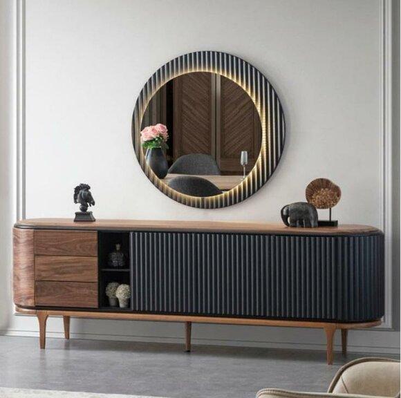 Stylish set designer brown sideboard round mirror 2-piece wooden set