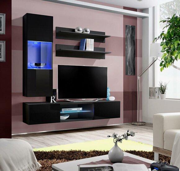 Luxury Wall Cabinet Set Living Room Furniture High Gloss Black Furnishings